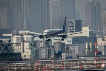A landing ANA Airlines Airplane. Take note of the Tokyo Skyline in the background 